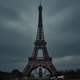a women wearing dress in the shape of eiffel tower. moody and melancholy. with a little bit of lens flare. digital art by beeple