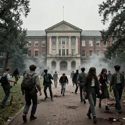 university campus during zombie invasion, circa 1 9 4 5, hd, award - winning