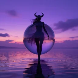 purple sunset limbo with a polished sphare of a demonic walking on water, the sky falls to the ground, high detail