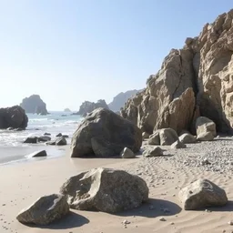 diamond boulders on a sandy coastline
