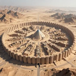 Wide shot of Futuristic Sprawling desert megalopolis encircled by mountains and bordered by a shield wall, made of brutalist stone with a futuristic pyramid in the center, by greg rutkowski
