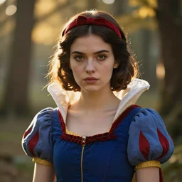 portrait, snow white as a d & d fighter, beautiful, proud serious expression, by ralph horsley, dramatic light, high detail, cinematic lighting, artstation, dungeons and dragons, in the forest, golden hour
