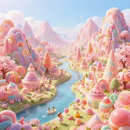candyland | a landscape made of candy and desserts, mountains river trees, cherry - blossoms | highly detailed | very intricate | fantasy whimsical magical | soft bright natural morning light | pixar | award - winning | matte painting by anton fadeev and paul lehr and rhads and alena aenami | pastel color palette | featured on artstation