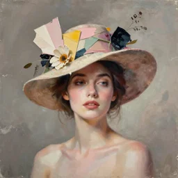 mixed media collage half-lenght portrait of a woman with an interesting maximalist hat. in soft pastel tones. textures. matte background HD