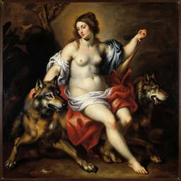 baroque oil painting of half female have wolf, d & d, caravvagio, vibrant, high contrast
