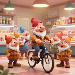 seven dwarfs riding an unicycle while singing bohemian rapsody in a butcher shop