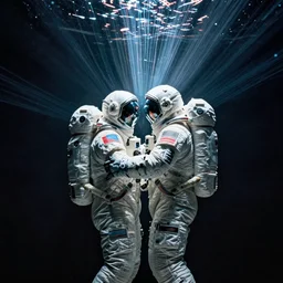 concept art by craig mullins infrared complex and hyperdetailed astronauts hugging in futuristic dark and empty spaceship underwater. reflection and dispersion materials. rays and dispersion of light. volumetric light. 5 0 mm, f / 3 2. noise film photo. flash photography. unreal engine 4, octane render. interstellar poster. dramatic light.
