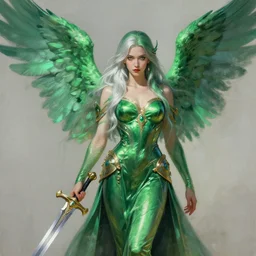greg manchess painting of goddess of hunt wearing shiny mythical green clothes, green and white long hair, long wings, large angelic sword, soft lighting, trending on artstation, by huang guangjian and gil elvgren and sachin teng