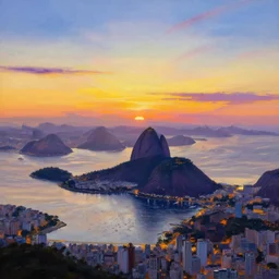 iridescent painting of sunset over RIo de Janiero, panoramic, digital painting, by RHADS and Moebius