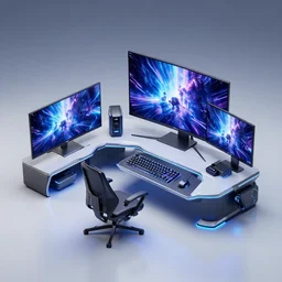 gaming setup from future, cyberpunk style, product photo, octane render, ray tracing, unreal render, ultra detail, no noise, isometric, full view
