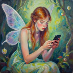 a fairy checking her cell phone by senior concept artist josephine wall, acrylic on canvas, intricately detailed, high resolution trending on artstation