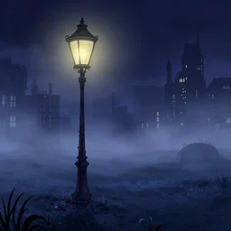 curved perspective epic illustration of night city with curly victorian street lamp in a foggy field from tim burton nightmare before christmas