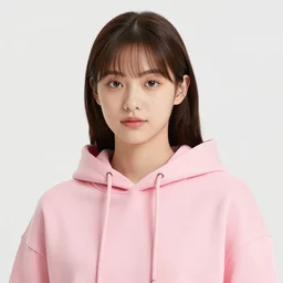 young woman in pink hoodie, close up, studio photo - n 4