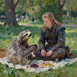 “ a masterpiece painting of jon snow and a sloth having a picnic in central park by monet, ultra detailed, hd ”
