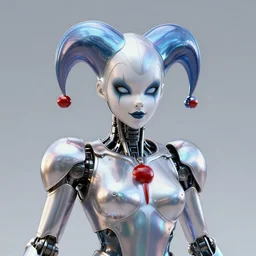 front shot of a court jester!!!! character, by artgerm greg rutkowski gustave dore, octane render, polished, glossy, holographic metallic, bionic futurism, galactic robotic cyborg, 8 5 mm f 1. 8 lit edges, ominous elegant luminous precise quartz highly detailed spike, polygonal shards, artstation sharp focus ray tracing cinematic masterpiece fine portrait