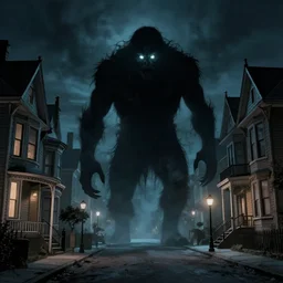 an immense shadow monster with glowing eyes travels down the street of a victorian town, houses on either side, at night. horror art by greg rutkowski