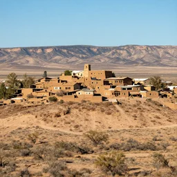 A village of mud and bricks houses perched on top a wide mesa, in the Arizona desert. Scenic view, trending on 500px