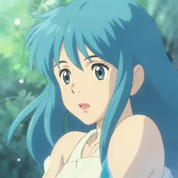 aqua from konosuba, painting, cool color palette, refreshing, soft lighting, by hayao miyazaki, by wlop