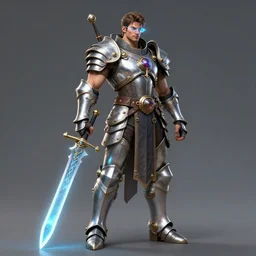 Full body picture, Male Holosmith, muscular, DND, D&D, holographic blade!, steampunk-esque!, silver armor, tech glasses, extremely detailed, complete body!, by gary gygax, Rossdraws, genzoman and Frank franzzeta, trending on artstation, artstationHQ, artstationHD, cgsociety, 16K, HD