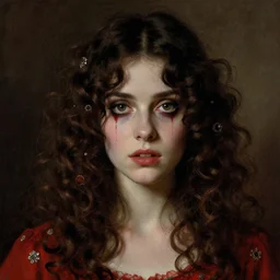 a beautiful but sinister girl who looks like cillian murphy in layers of fear, with haunted eyes and curly hair, 1 9 7 0 s, seventies, delicate embellishments, a little blood, crimson, painterly, offset printing technique, by jules bastien - lepage