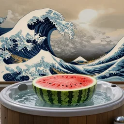 a hot tub that looks like a watermelon, waves in the style of the great wave off kanagawa by Hokusai