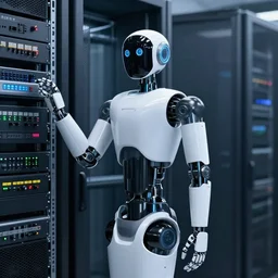 a robot in a server room, photorealistic,