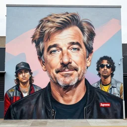 robin williams street art mural by amanda stubbs x sachin teng x supreme : 1 high contrast, hard edges, matte painting, geometric shapes, marijuana, masterpiece : 1