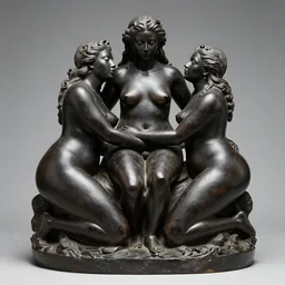 onyx sculpture of three beautiful sensual obese black long - haired deities caressing each other in ecstasy, museum artifact