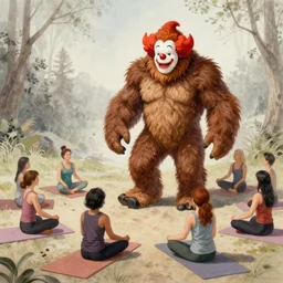 a Bigfoot clown leads a yoga class. Award winning illustration art in the style of Alex Grey