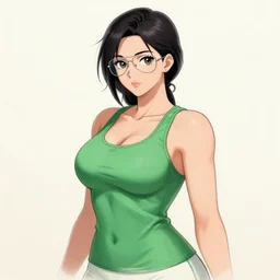 an sketch art of beautiful curvy anime girl with an athletic feminine body in a green tank top and aviator classic sunglasses holding an assault rifle on a white background by krenz cushart, long hair, concept art, oc commission, tanned body, illustration