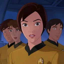 a disney film still of a female star trek officer, finely detailed features, closeup at the faces, perfect art, dusk, blue hour, at a hangar, gapmoe yandere grimdark, trending on pixiv fanbox, painted by greg rutkowski makoto shinkai takashi takeuchi greg rutkowski, alphonse mucha, akihiko yoshida