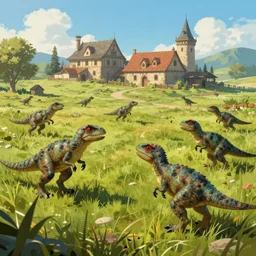 a pack of velociraptors in a beautiful grass landscape with an old middleages farm in the background, artstation, cgsociety, 8 k, cinematic, unreal engine, octane render, illustration digital painting, digital painting, artstation, concept art, sharp focus, art by wlop and greg rutkowski, rule of thirds, golden ratio, ambient lighting