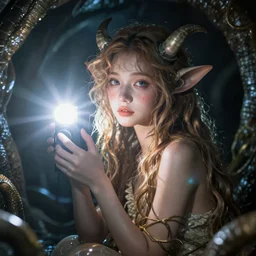 strange daemon - girl anthropomorphic in the sewers, digital photography with flash, photorealistic, flash light, dramatic light, volumetric light, mist