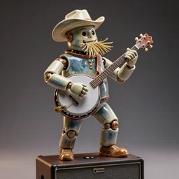 glazed ceramic sculpture of a country bumpkin robot playing a banjo, straw in his mouth, standing on a speaker, fantasy, dramatic lighting, rim lighting, mystical, high detail, cyberpunk, style of michael cheval, hyper realistic, s, 8 k