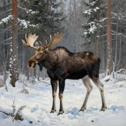 caspar david friedrich style painting, moose in winter forest, spruce trees