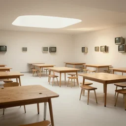 cinematic photograph of a large white empty breakroom, retrofuturist liminal space, hundreds of old faux wood tables, crt tv mounted, trypophobia architecture, familiar place, clean, black mold, warm light, amateur, soft vintage glow, unreal engine, photorealistic, trending on artstation