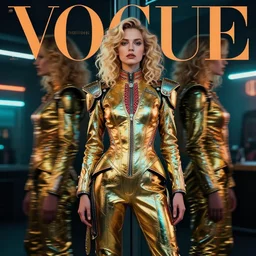vertical photo of polish female in futuristic suit, blonde, curly hair, symmetrical beautiful face, cyberpunk, native costume, standing in the dark room, under neon, fashion editorial photography, hyperrealistic, from vogue magazine, reflections, refraction, gold, teal, orange