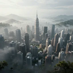 a metropolis city in a foggy valley. physically based render.