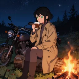 An anime girl by WLOP with short black hair and green eyes in a tan trenchcoat sitting on a log and drinking hot chocolate by the campfire by her motorcycle at night under the stars, evocative, mystical night, very very very very detailed, award winning, masterpiece digital painting by Greg Rutkowski, Alex Grey, artstation, 4k wallpaper