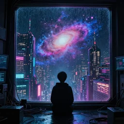 lonely cyber person made of cosmic galaxy energy watching a vast rainy colorful complex cyberpunk futuristic city from behind at night through a window in a room full of wires and screens, 8 k, photorealistic, concept art, wet, highly detailed, cinematic mood by ridley scott, ghost in the shell, rendered in octane, akira, digital painting, trending on artstation, glowing lights, sharp focus, epic composition