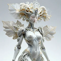 intricate hyper detailed ultra sharp 3 d render of a beautiful smooth porcelain seductive cyborg woman portrait, medium shot portrait, bright light, alexandre ferra mecha, deeply cyberpunk art nouveau haute couture huge fractal white silver gold mycelum and glass fiber pore fungi head ornaments, big embroidered leaves filigree spreaded roots, octane render, volumetric cinematic lighting, 8 k, vray tracing