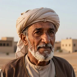 hyperrealistic close up portrait of an old arabic man, wearing a turban, lit by dawn light, desert city on background, trending on artstation