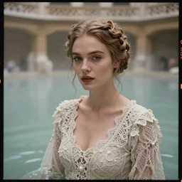 cinestill 5 0 d portrait of a beautiful woman by annie liebovitz, siiting in a hyper detailed roman thermal baths, pale natural tonal matt, hair intricate style, dress are intricate gothic lace, elegant, highly detailed, soft foggy blur, artstation, sharp focus, head in focus,