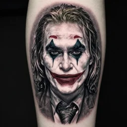 tattoo design of margot robbie with joker makeup, ace card, in the style of tony santos, realistic face, black and white, realism tattoo, hyper realistic, highly detailed