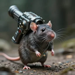 small bipedal rat!!!!!! carrying large sci - fi fantasy alien gun, cinematic, portrait, shot on 7 0 mm, macro, wearing a chain necklace, from the new sci - fi movie [ small rat saves the cheese ], 8 k, f 1. 8 1 0 : 1 6!!! aspect ratio