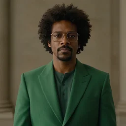 film still of hermes conrad black man with frizzy hair and square glasses wearing a green suit in the new scifi movie, 4 k