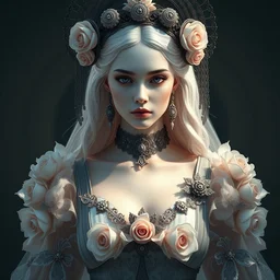 neoclassical professional photorealistic focused closed detailed portrait of one wonderful symmetrical albino goddess dressed with a majestic semi transparent silk roses long dress, ornate, intricate, detailed, dramatic light, award winning, unreal engine 5 rendered