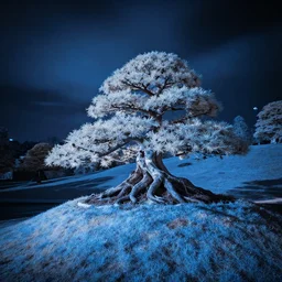 award winning infrared long exposure photography by andy lee, blue filter, beautiful bonsai tree on a hill, dramatic lighting, wide angle lens, long exposure photography