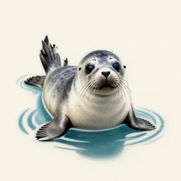 tattoo design, stencil, a cute seal with big eyes poking it's face up out of water, water ripples