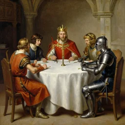 hyper detailed painting of king arthur and lancelot sitting at the round table, edward robert hughes